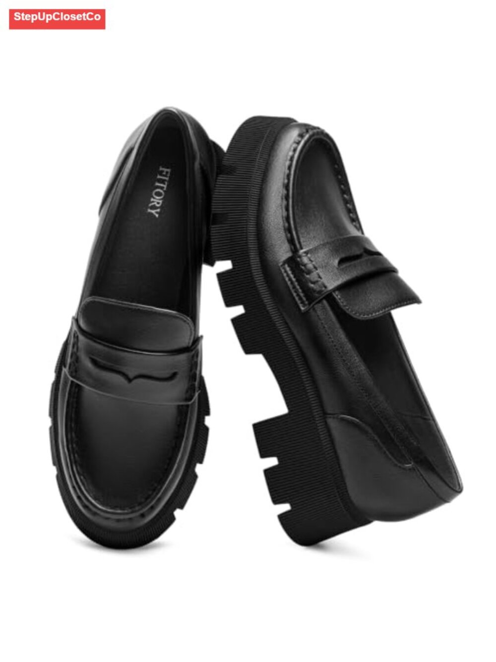 Faux Leather Penny Loafers with Chunky Block Heel, Slip On